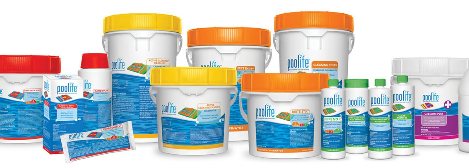 Shelves of pool and spa chemical products